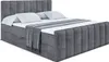A dark gray velvet boxspring bed with a headboard and footboard, made up with white bedding and a gray throw blanket. Produktbild-Vorschau