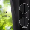 A close-up view of a black curtain, with a magnified section showing the texture of the fabric from both sides, and a graphic indicating strong blackout effect. Produktbild-Vorschau