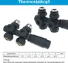 Two black thermostatic valve heads are shown on a white background, with a table of temperature settings below. Podgląd zdjęcia produktu