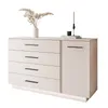 A modern, cream-colored dresser with black handles and a subtle LED light strip at the base, styled with a vase of dried flowers, books, and a candle on top. Produktbild-Vorschau
