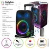 A party speaker with a microphone and remote control, presented with feature callouts and specifications. Produktbild-Vorschau