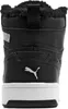 The back view of a black Puma sneaker with white accents and fur lining. Produktbild-Vorschau
