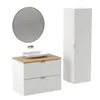 A modern bathroom vanity set with a sink, mirror, and tall cabinet. Podgląd zdjęcia produktu