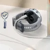 A smartwatch is being charged with a USB-C cable. There are icons for protection and temperature. Produktbild-Vorschau