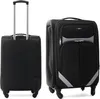 Two black suitcases are shown side-by-side against a white background. The suitcase on the left is shown from the back with its telescopic handle extended. The suitcase on the right is shown from the front, with a zippered compartment and reflective gray a Podgląd zdjęcia produktu