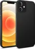 A black silicone phone case is shown next to an iPhone 12 Mini. Produktbild-Vorschau