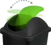 A close-up view of a black trash can with a green swing lid, showing the lid in motion with ghosted images indicating its movement. Produktbild-Vorschau