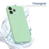 A light green phone case is shown with water splashes around it, suggesting water resistance. Produktbild-Vorschau