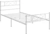 A white metal bed frame with a cross design headboard, shown from a side angle against a white background. Produktbild-Vorschau