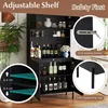 A black cabinet with shelves displaying bottles and dishes, with close-up insets highlighting features. Náhled obrázku produktu