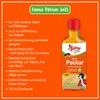 A bottle of furniture polish with a list of its features on an orange background. Produktbild-Vorschau