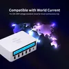 A white multi-port USB charger with a digital display is shown in front of a stylized world map. Produktbild-Vorschau