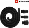 A black corrugated hose and three black adapter pieces are laid out on a white background. The Einhell logo and brand name are in the top right corner. Produktbild-Vorschau