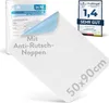 A white washable incontinence underpad with anti-slip nubs is displayed diagonally, with its packaging and a product review badge in the background. Produktbild-Vorschau