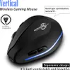 A black wireless gaming mouse with blue LED accents, presented on a white background with marketing text and icons. Produktbild-Vorschau
