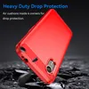 A red phone case is shown at an angle, with text overlays describing its features. Produktbild-Vorschau