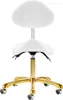 A white saddle stool with a gold base and wheels, shown from the front. Produktbild-Vorschau