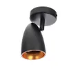 A black spotlight with a gold interior, mounted on a ceiling base. Produktbild-Vorschau