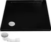A black shower tray with a silver drain cover and a separate silver drain fitting with a white pipe. Produktbild-Vorschau