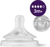 A clear product shot of a baby bottle nipple, with a close-up inset view and a graphic indicating age suitability. Náhľad obrázku produktu