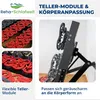 A collage of images showing parts of a bed frame's adjustable slatted base, with text describing its features. Produktbild-Vorschau