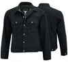 Herren Motorradjacke in Schwarz, Modell BLD324J Denim – Vorder- und Rückansicht. Sorgfältig aus Baumwollstoff mit Polyester-Innenfutter gefertigt, mit Protektoren für Arme, Brust, Schultern und Rücken.