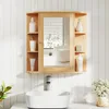 A wooden bathroom cabinet with a mirror, mounted on a white slatted wall above a white sink. Náhled obrázku produktu