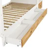 A close-up view of the bottom section of a white and wood bunk bed, showing the open drawers and the wooden slats of the upper bed. Náhled obrázku produktu