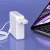 A white USB-C charger and a laptop are shown on a purple background. Produktbild-Vorschau