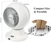 A collage of images showing a white desk fan, its dimensions, and a close-up of a hand holding a handle on the back. Produktbild-Vorschau