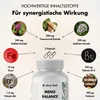 A marketing image showing a bottle of Meno Balance capsules with various ingredients and their benefits illustrated around it. Produktbild-Vorschau