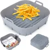 A gray silicone air fryer basket filled with french fries, shown from a slightly elevated angle. The basket has a ridged interior and handles on the sides. The image also includes two smaller inset images of the same basket, one showing it with packaging a Náhľad obrázku produktu