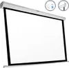 A white electric projection screen is shown, mounted on a wall. Produktbild-Vorschau