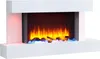 A modern white electric fireplace with a realistic flame effect and colored LED lighting. Náhled obrázku produktu