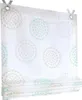 A white Roman blind with a circular pattern in turquoise and beige, hanging from two hooks. Produktbild-Vorschau