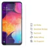 A screen protector is shown on a smartphone, with feature callouts on the right. Produktbild-Vorschau