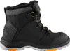A single black work boot with orange and yellow accents is shown against a white background. Produktbild-Vorschau