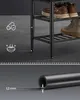 Close-up view of a black shoe rack with shoes on it, accompanied by feature callouts and a detail shot of a metal tube. Produktbild-Vorschau