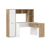 A white and wood-grain corner desk with a hutch and cabinet, shown against a white background. Produktbild-Vorschau