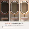 A collage of three images showing an LED bathroom mirror with different brightness levels, accompanied by text explaining its dimmable feature. Produktbild-Vorschau