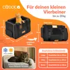 A collage of images showcasing a cat carrier, its dimensions, a folded state, and a cat in a bed. Produktbild-Vorschau