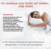 A woman lying on a bed with a pillow, with text overlays advertising a mattress. Produktbild-Vorschau