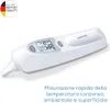 A white Beurer ear thermometer is displayed diagonally on a white background. It features a digital display showing a temperature reading and buttons for operation. The brand logo 'Beurer' is visible on the product. A circular German quality seal with the  Anteprima dell’immagine prodotto
