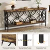 A long, narrow console table with a rustic wood top and a black metal frame with decorative circular cutouts. It is shown in a room setting with a lamp and decorative items on top, and a shelf below holding a basket and boxes. Three inset images highlight  Náhľad obrázku produktu
