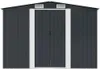 A front view of a dark gray metal shed with white trim and double doors. Produktbild-Vorschau