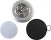 A silver LED light with three bulbs is shown next to two circular accessories, one black and one white. Anteprima dell’immagine prodotto
