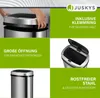 A collage of images showcasing a silver automatic trash can with its features highlighted. Náhled obrázku produktu