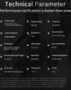 A technical parameter chart for headphones against a dark, blurred background. Produktbild-Vorschau