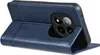 A blue leather flip case for a smartphone is shown from the side, with the phone's camera module visible. Produktbild-Vorschau