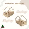Two house-shaped beds are shown, one with an opening on the left and another with an opening on the right, illustrating versatility. Text indicates 'UNIVERSALE BARRIERE' (Universal Barrier) and 'Eingang von links' (Entrance from left) and 'Eingang von rech Náhľad obrázku produktu